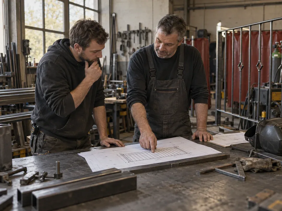 Zwei Metallbauer besprechen eine technische Zeichnung