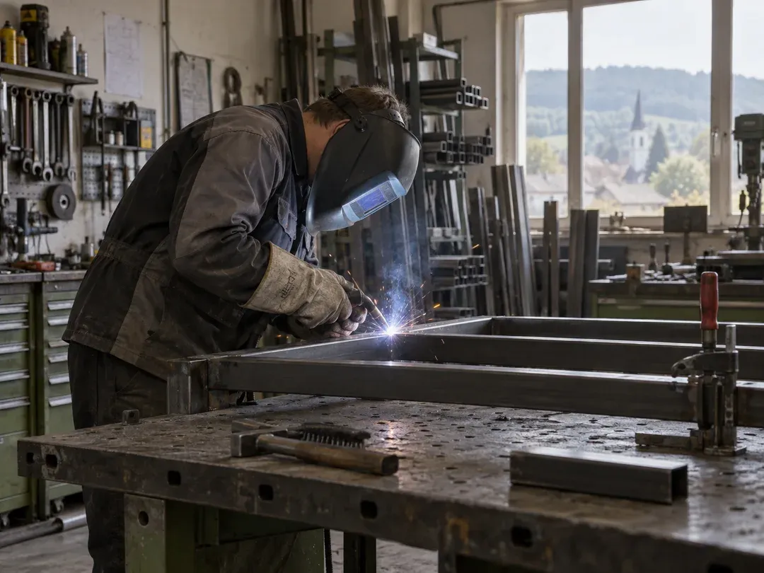 Schweißer arbeitet an einem Metallrahmen